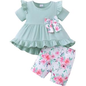 image:imageKucnuzki Baby Girl Clothes Toddler Girls Summer Outfits Kids Short Fly Sleeve Cute Ruffle Shirts Tops Floral Shorts SetPea Green