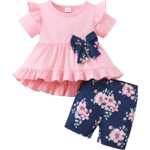 image:imageKucnuzki Baby Girl Clothes Toddler Girls Summer Outfits Kids Short Fly Sleeve Cute Ruffle Shirts Tops Floral Shorts SetPink