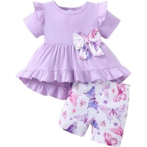 image:imageKucnuzki Baby Girl Clothes Toddler Girls Summer Outfits Kids Short Fly Sleeve Cute Ruffle Shirts Tops Floral Shorts SetPurple