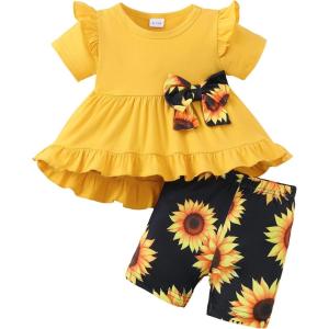 image:imageKucnuzki Baby Girl Clothes Toddler Girls Summer Outfits Kids Short Fly Sleeve Cute Ruffle Shirts Tops Floral Shorts SetYellow