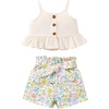 image:imageKucnuzki Toddler Baby Girl Clothes Summer Outfits Ruffle Sleeveless Linen Shirt Kid Short Set for GirlApricot Flower