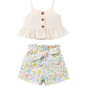 image:imageKucnuzki Toddler Baby Girl Clothes Summer Outfits Ruffle Sleeveless Linen Shirt Kid Short Set for GirlApricot Flower