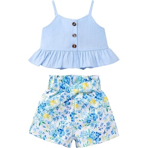 image:imageKucnuzki Toddler Baby Girl Clothes Summer Outfits Ruffle Sleeveless Linen Shirt Kid Short Set for GirlBlue Flower