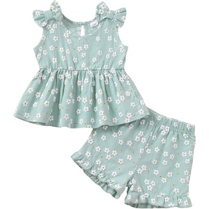 image:imageKucnuzki Cute Toddler Baby Girl Clothes Summer Tank Tops T Shirt Ruffle Trim Kids Shorts 2 Piece Set Floral Print OutfitGreen