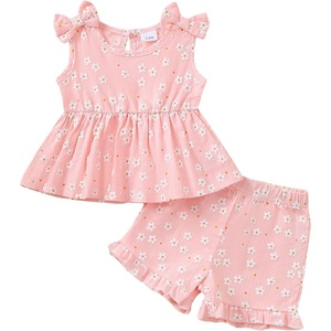 image:imageKucnuzki Cute Toddler Baby Girl Clothes Summer Tank Tops T Shirt Ruffle Trim Kids Shorts 2 Piece Set Floral Print OutfitPink