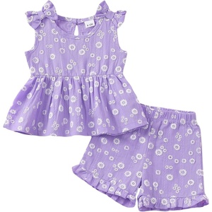 image:imageKucnuzki Cute Toddler Baby Girl Clothes Summer Tank Tops T Shirt Ruffle Trim Kids Shorts 2 Piece Set Floral Print OutfitPurple