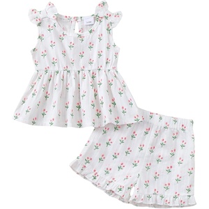 image:imageKucnuzki Cute Toddler Baby Girl Clothes Summer Tank Tops T Shirt Ruffle Trim Kids Shorts 2 Piece Set Floral Print OutfitWhite