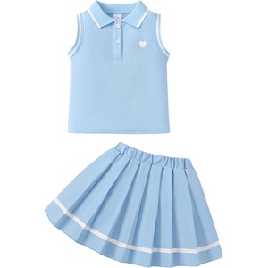 image:imageKucnuzki Little Girls Clothes Toddler Outfit Polo Sleeveless Shirt Spring Tank Tops Pleated Skirt 2 Piece Dress SetLight Blue